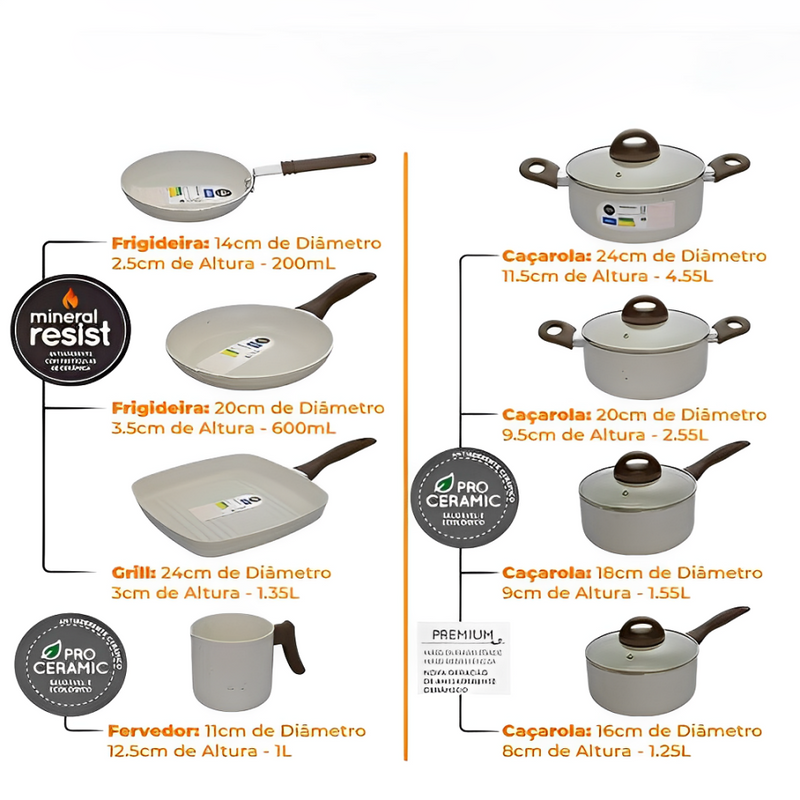 KIT COMPLETO: 33 PEÇAS - Antiaderentes Ceramic Premium C/ Panela de Pressão + Kit de utensílios