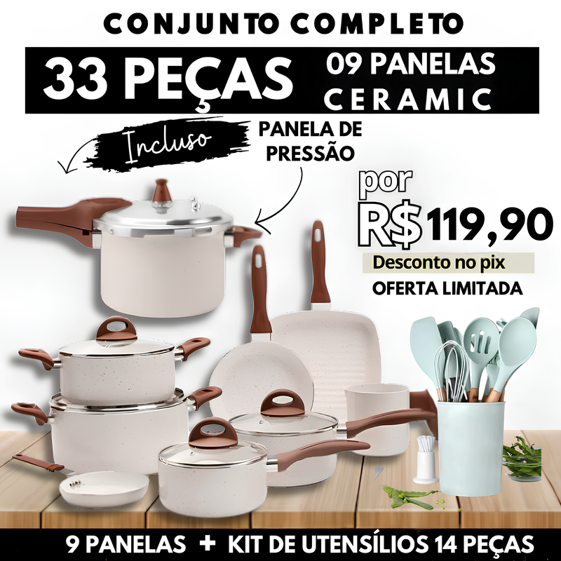 KIT COMPLETO: 33 PEÇAS - Antiaderentes Ceramic Premium C/ Panela de Pressão + Kit de utensílios