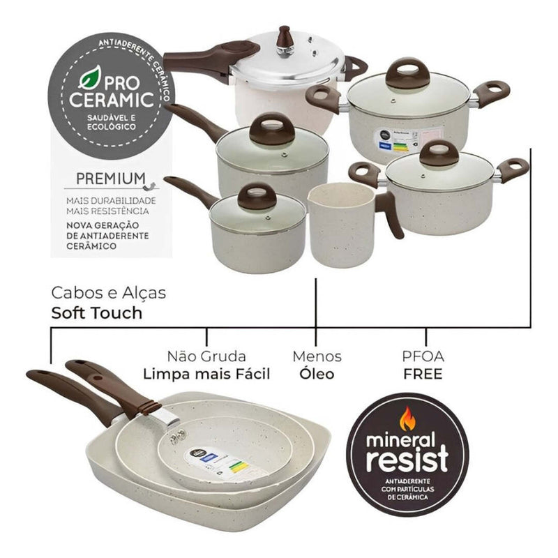 KIT COMPLETO: 33 PEÇAS - Antiaderentes Ceramic Premium C/ Panela de Pressão + Kit de utensílios