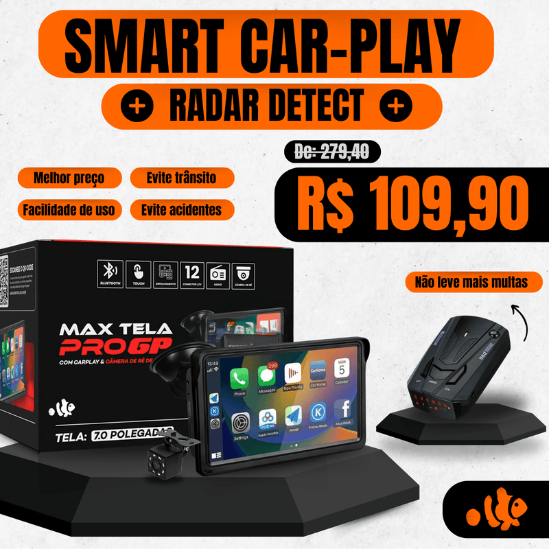 Smart Carplay™ - Multimídia CarPlay + RadarAlert™ - Dispositivo Identificador de Radares (PROMOÇÃO DIA DOS PAIS)